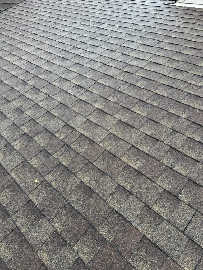 A close-up view of a shingle roof showing the texture and color of the shingles