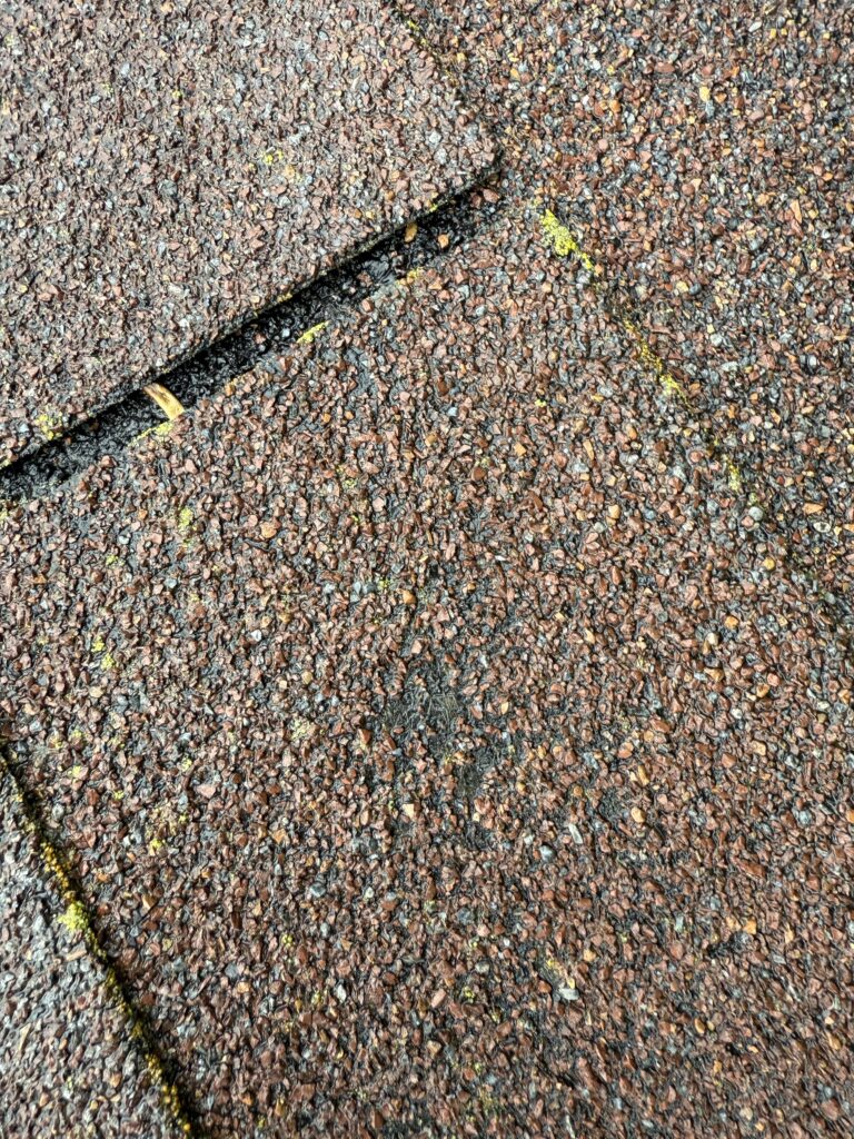 A close-up view of asphalt shingles showing wear and debris
