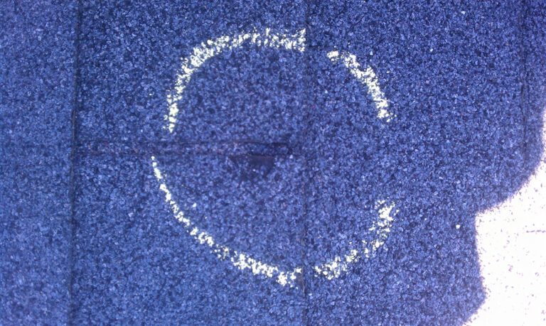 A close-up view of a roof shingle with a circular marking around a damaged area