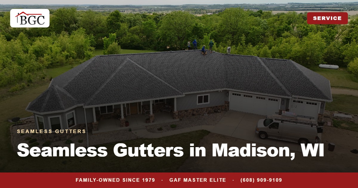 Seamless gutters and the Buckshot crew truck at a home
